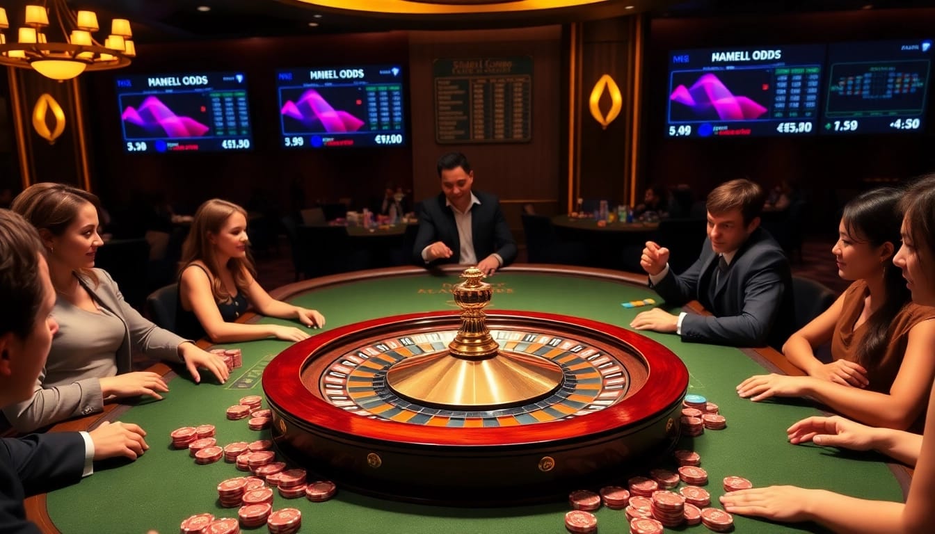 Experience high-stakes excitement at m88 with players engaged at a luxurious casino table.