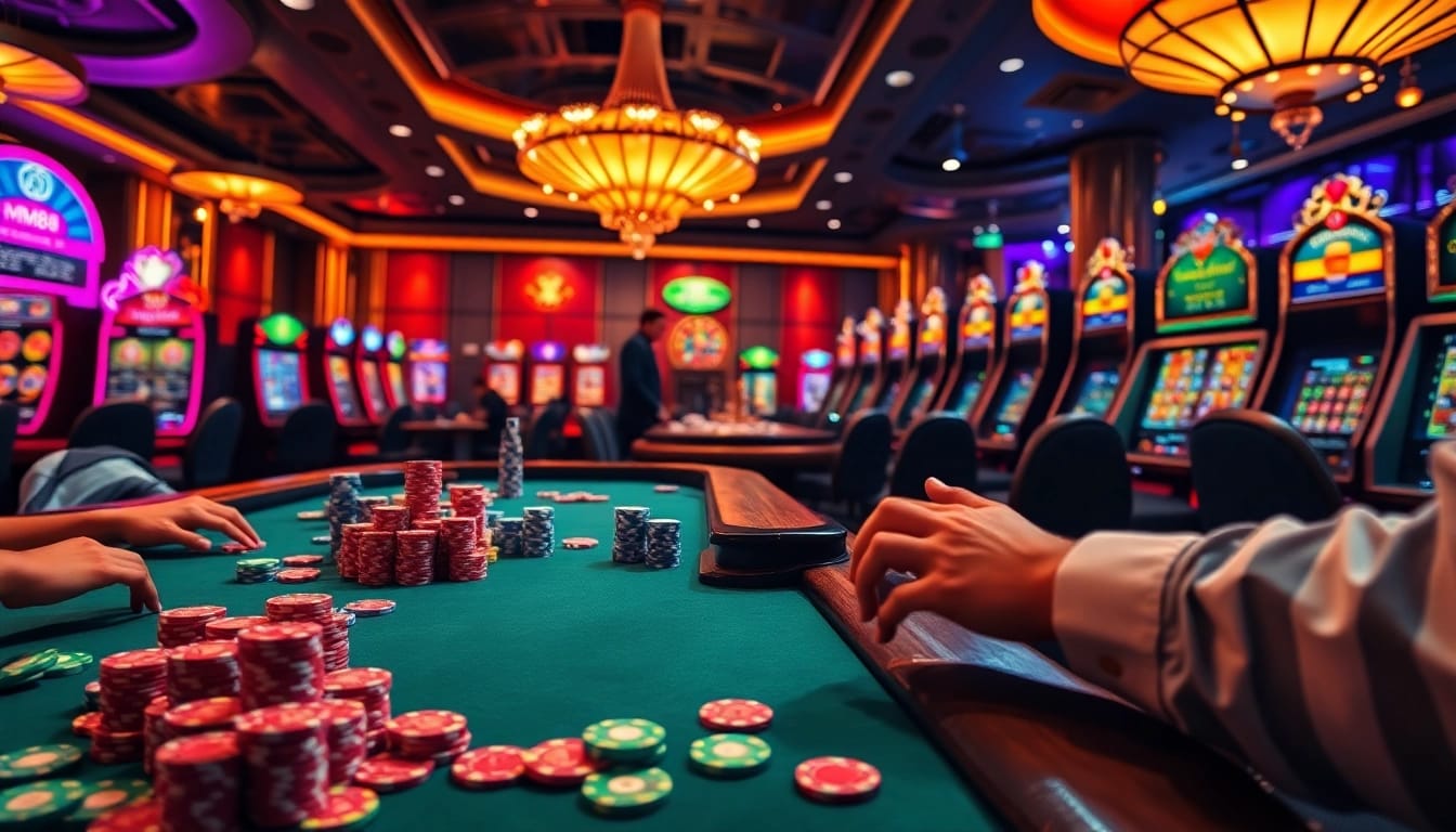 Engaging MM88 casino players at a vibrant poker table surrounded by slot machines and roulette wheels.