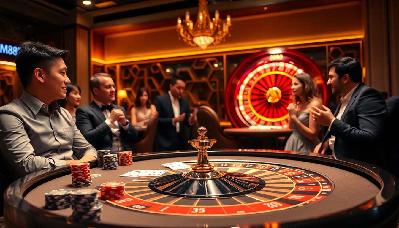MM88 brand casino table filled with poker chips and cards, creating a vibrant gaming atmosphere.