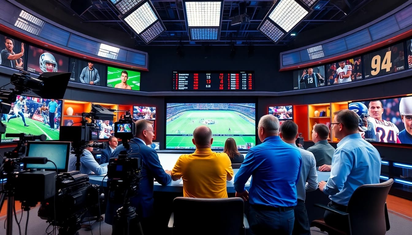 Engaging scene of sports broadcasting showcasing commentators and live sports data.
