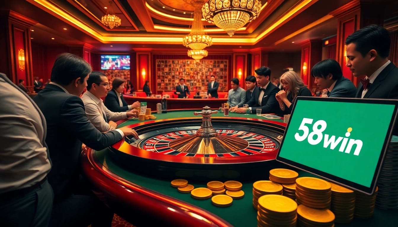 Players winning big at roulette in a luxurious casino atmosphere with 58win branding.