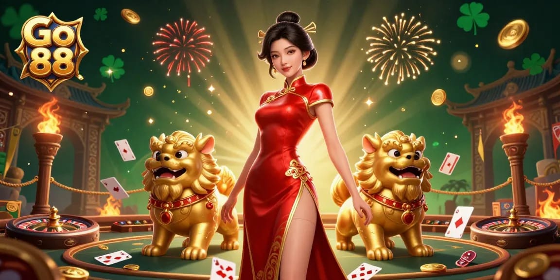 Engage with Go 88 casino excitement featuring an Asian woman and golden guardians amidst vibrant gaming elements.