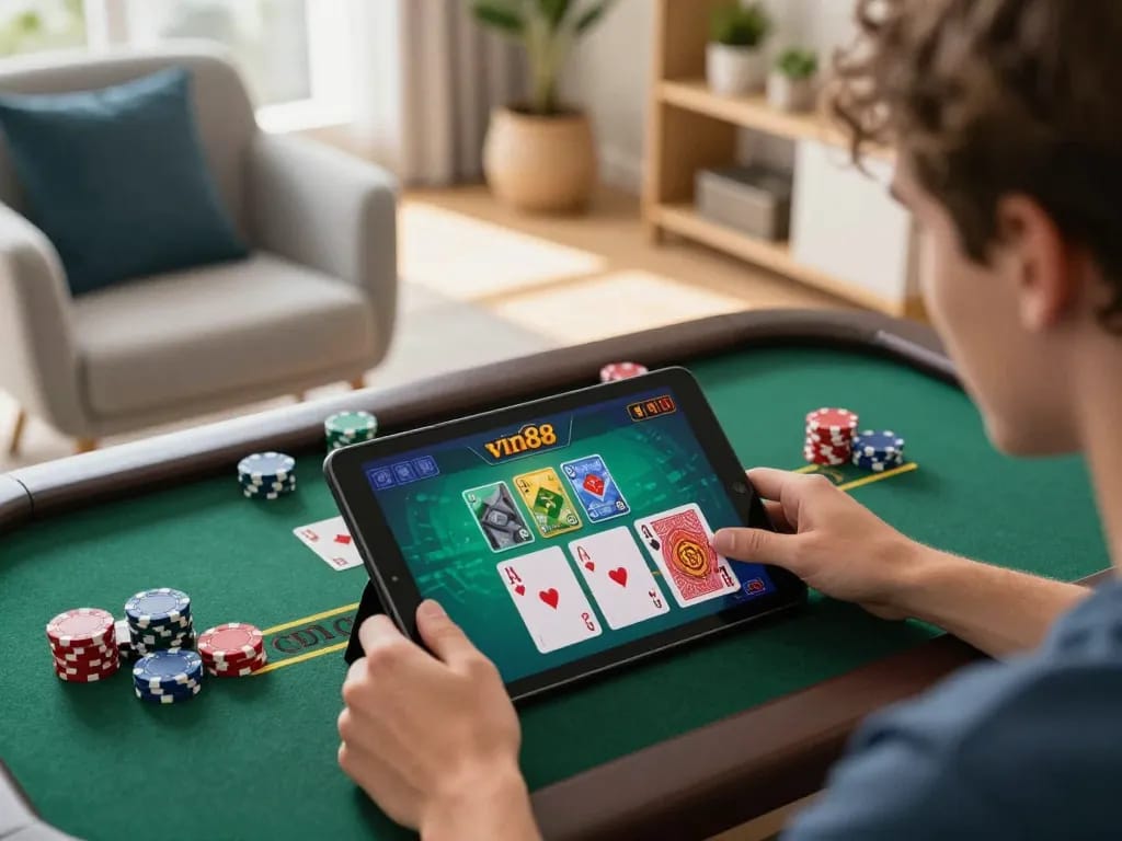 Player engaging in blackjack on vin88 tablet in cozy home setting, capturing the thrill of online gambling.