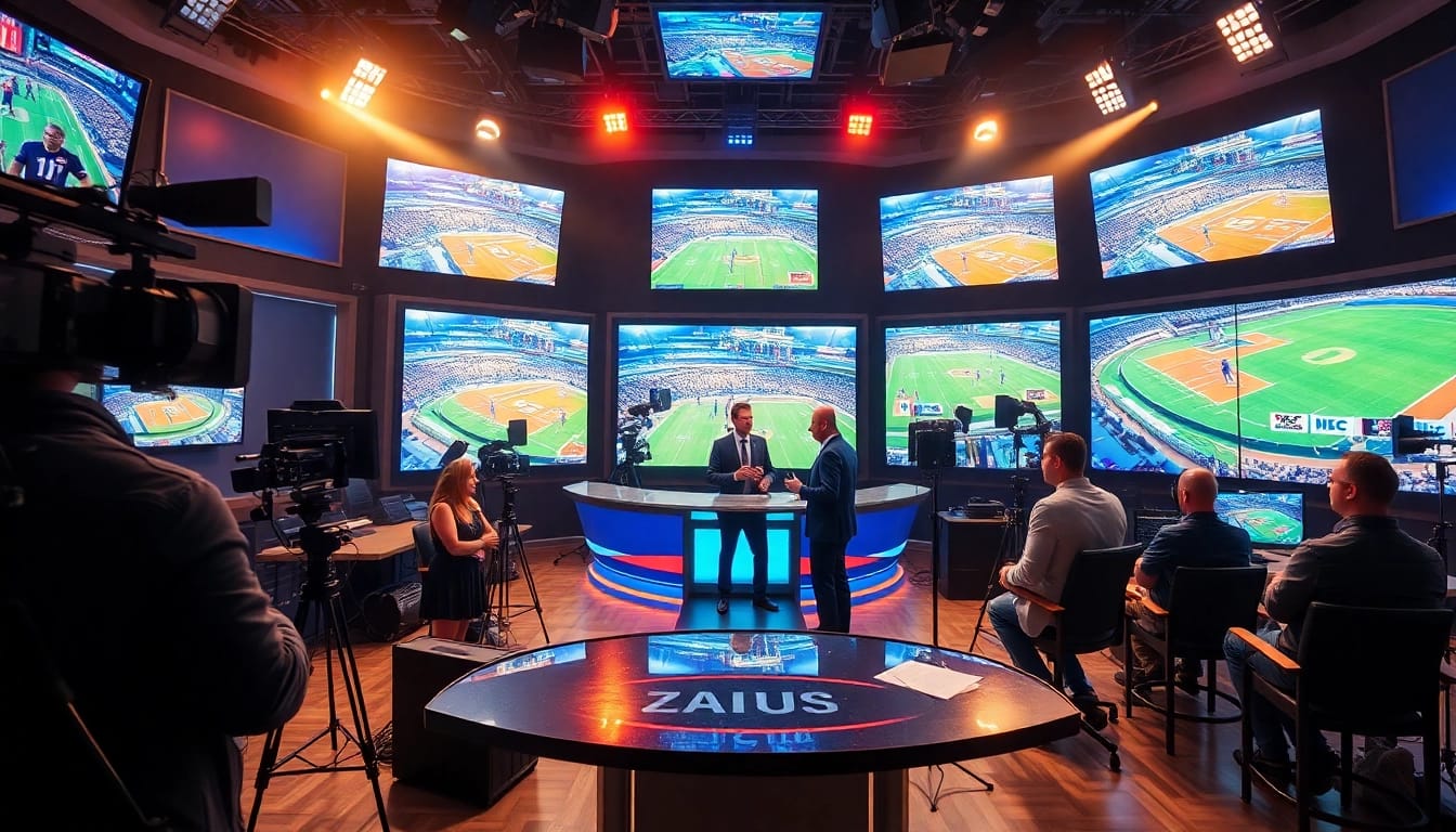 Engaging scene of Sports Broadcasting with an anchor and player in a vibrant studio.