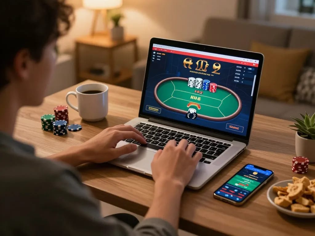 Engaging in poker gameplay on hello88 casino platform with snacks and coffee nearby