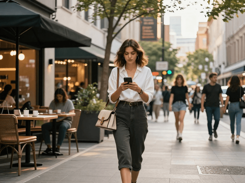 Gái gọi đang sử dụng smartphone trong khung cảnh thành phố hiện đại.