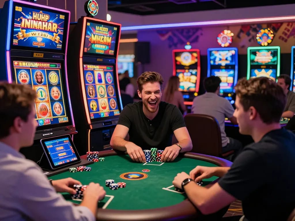 Players enjoying free credit 918kiss slots with vibrant atmosphere in a lively casino scene.
