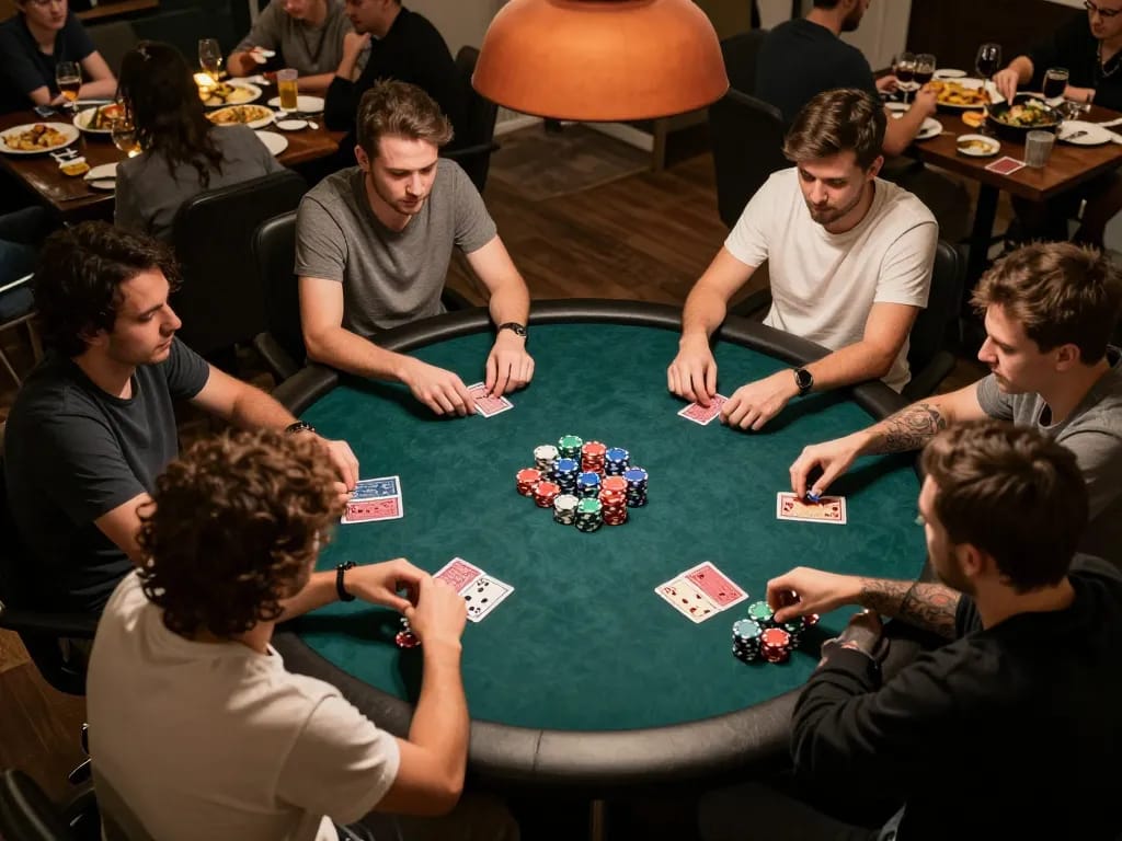 Players competing in a friendly poker game at home, showcasing cm 88 tactics for strategic betting and fun