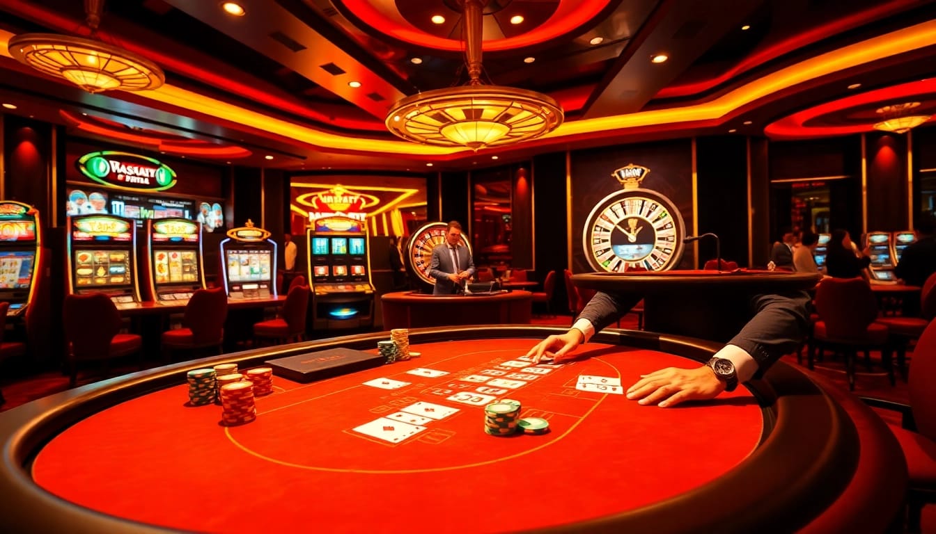 Engage with the exciting gaming atmosphere on Trang Chủ BJ88 featuring a lively blackjack table and slots.