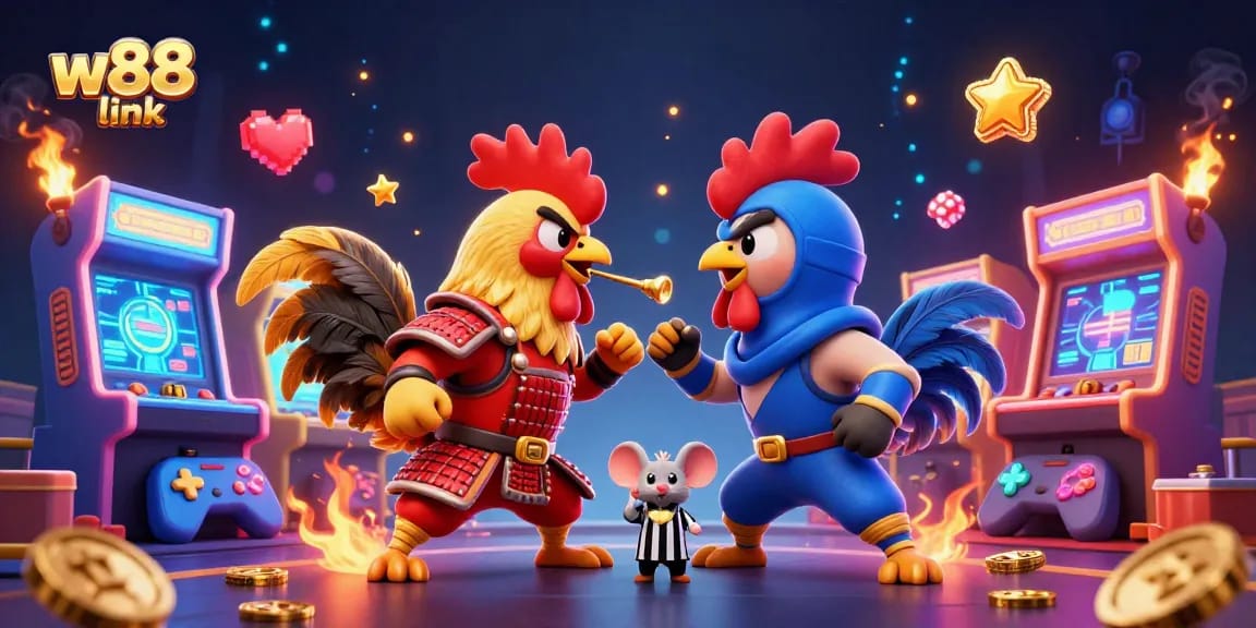 Engage with the exciting w88 link for online betting, featuring a dramatic rooster duel in vibrant casino art.
