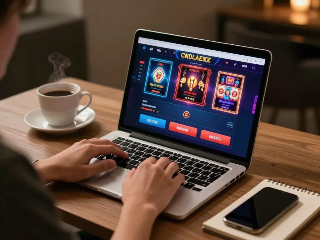 Engaging online casino experience at home with link ok365 on laptop, cozy setup.