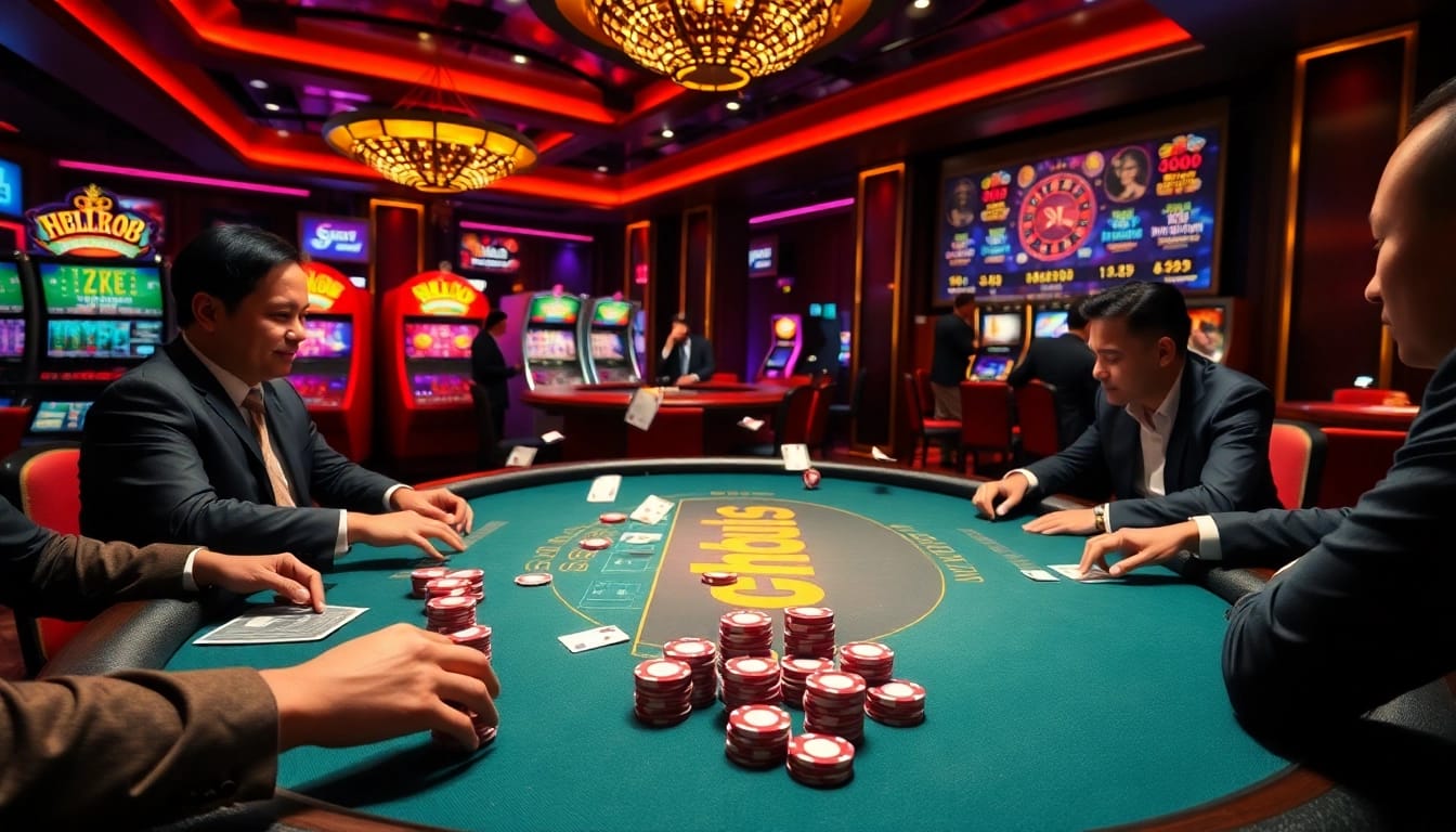 Hello88 themed casino gaming table with vibrant betting action and professional players.