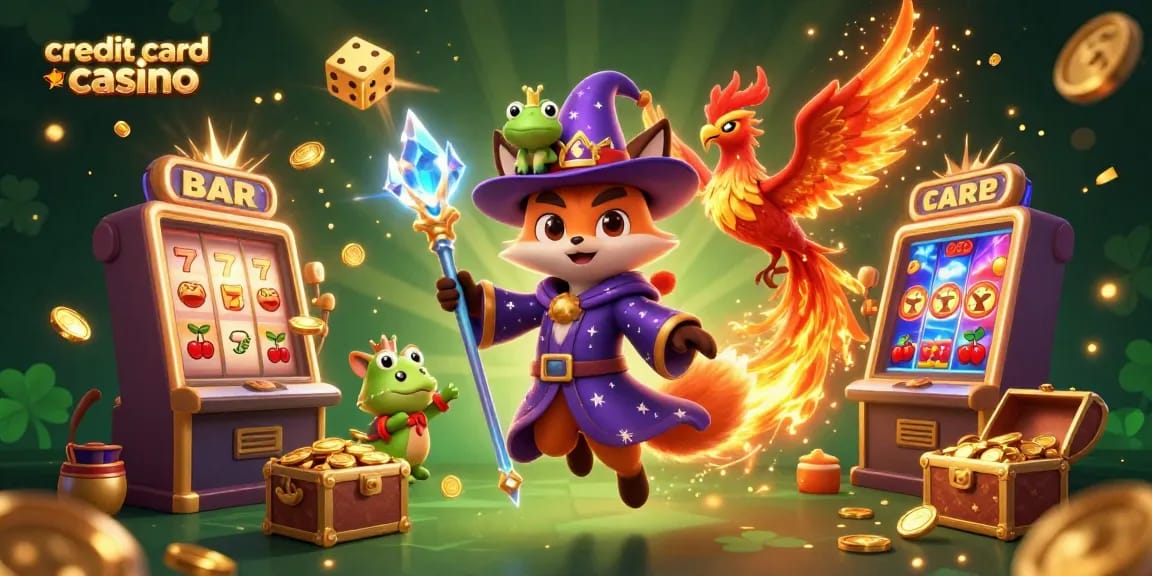Experience the thrill of credit card casino gaming with a vibrant 3D illustration featuring magical characters and slot games.