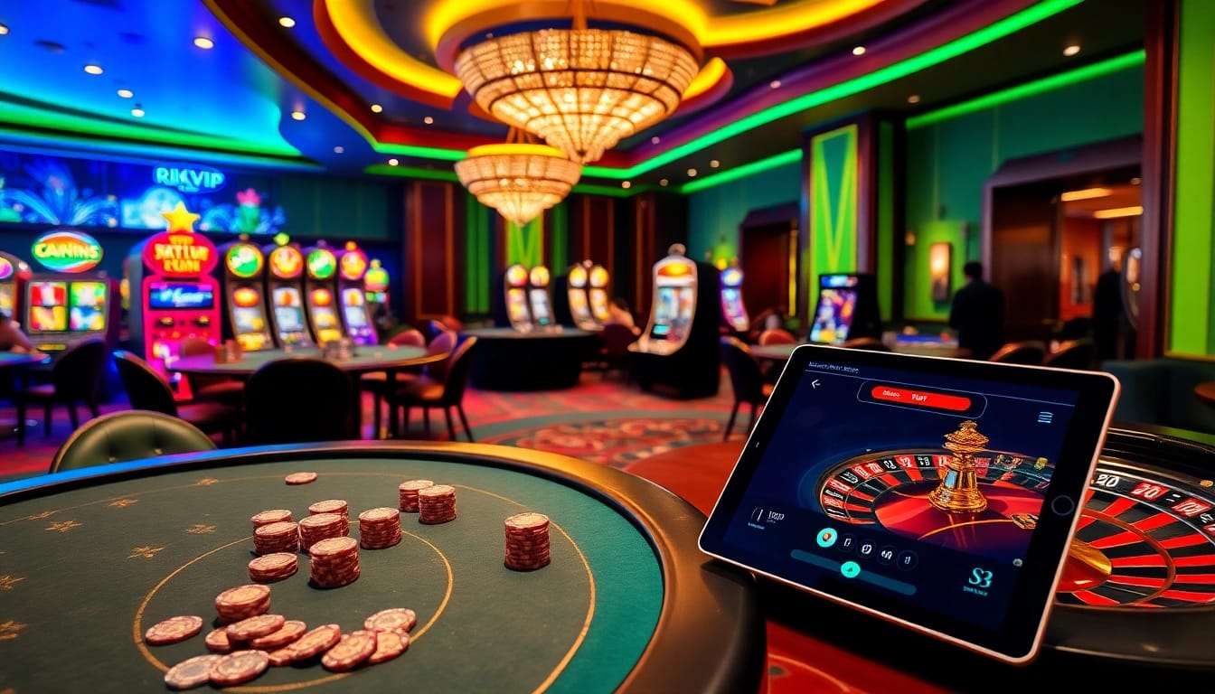 Players enjoying a thrilling game at rikvip casino, featuring elegant tables and vibrant slot machines.