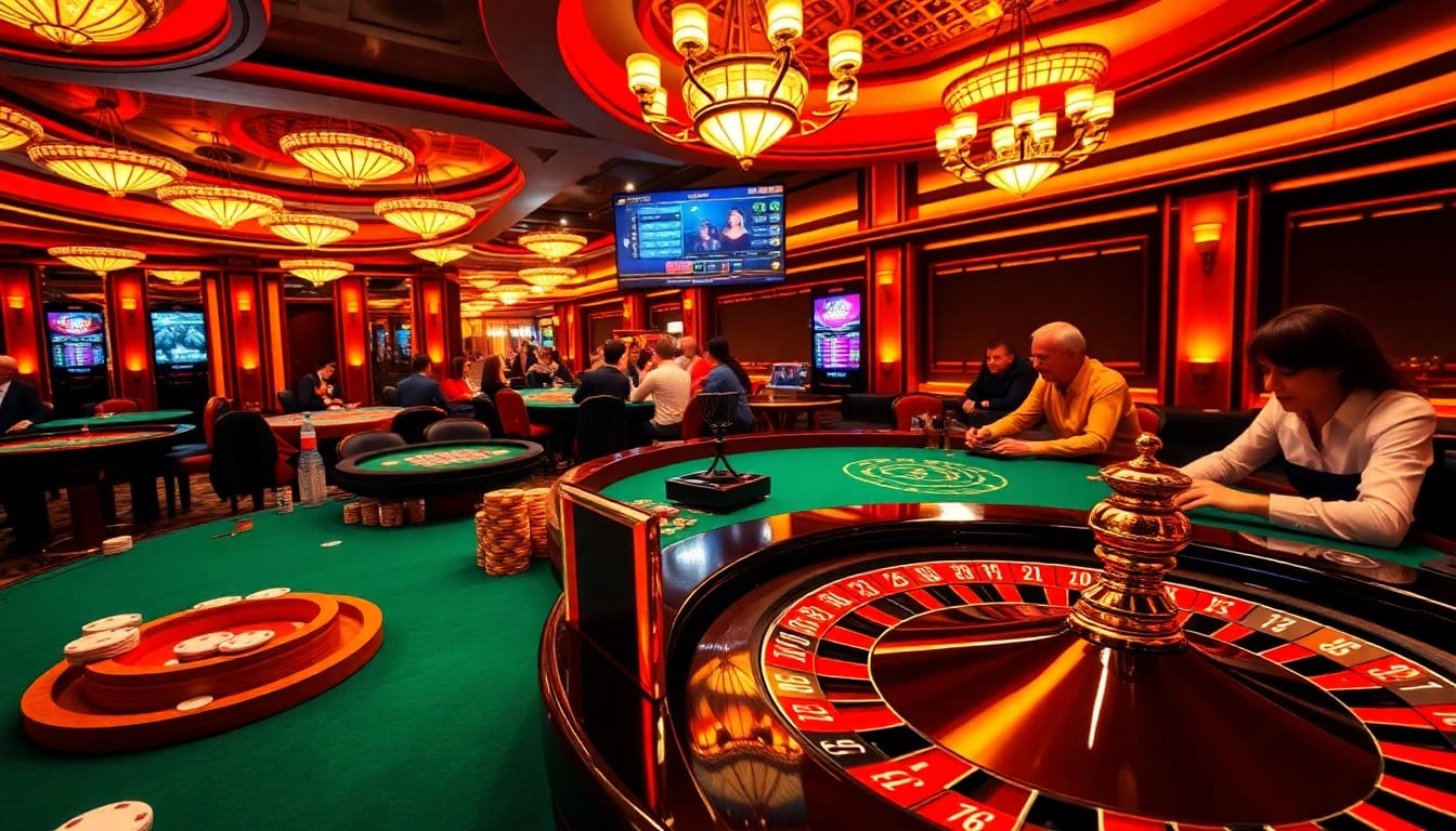 Exciting s8 nhà cái casino scene with poker chips and a roulette wheel in action.