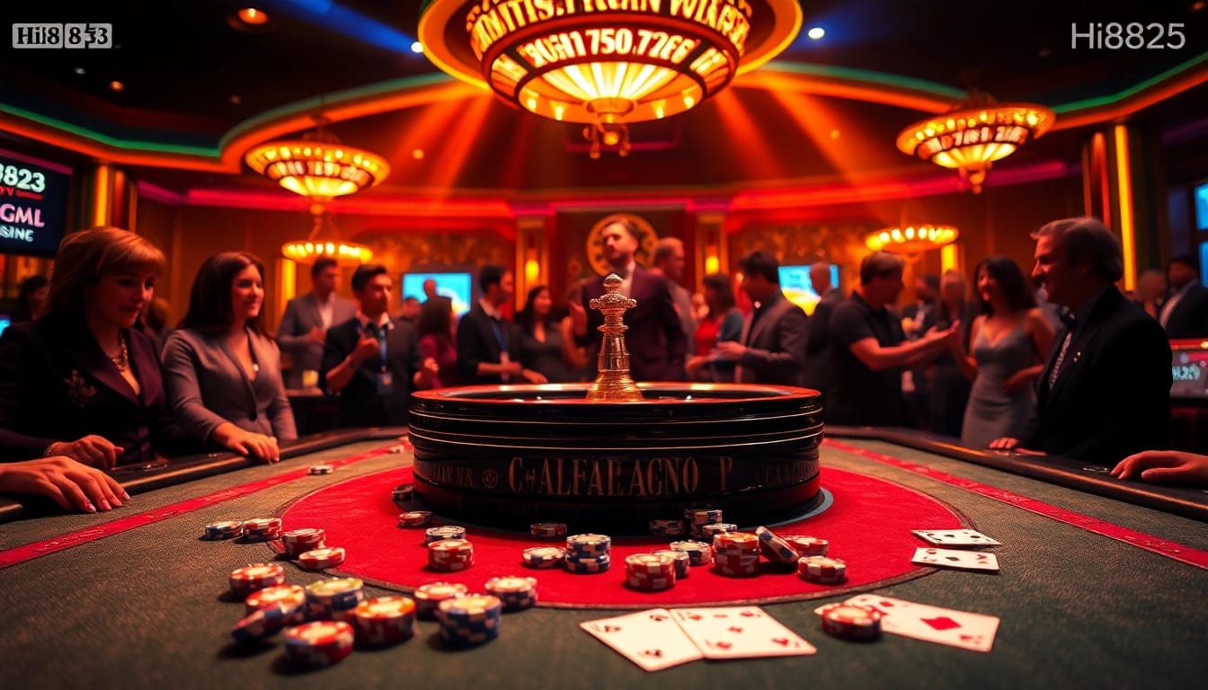 Experience the thrill of Hi8823 with a vibrant casino scene featuring roulette and poker games.