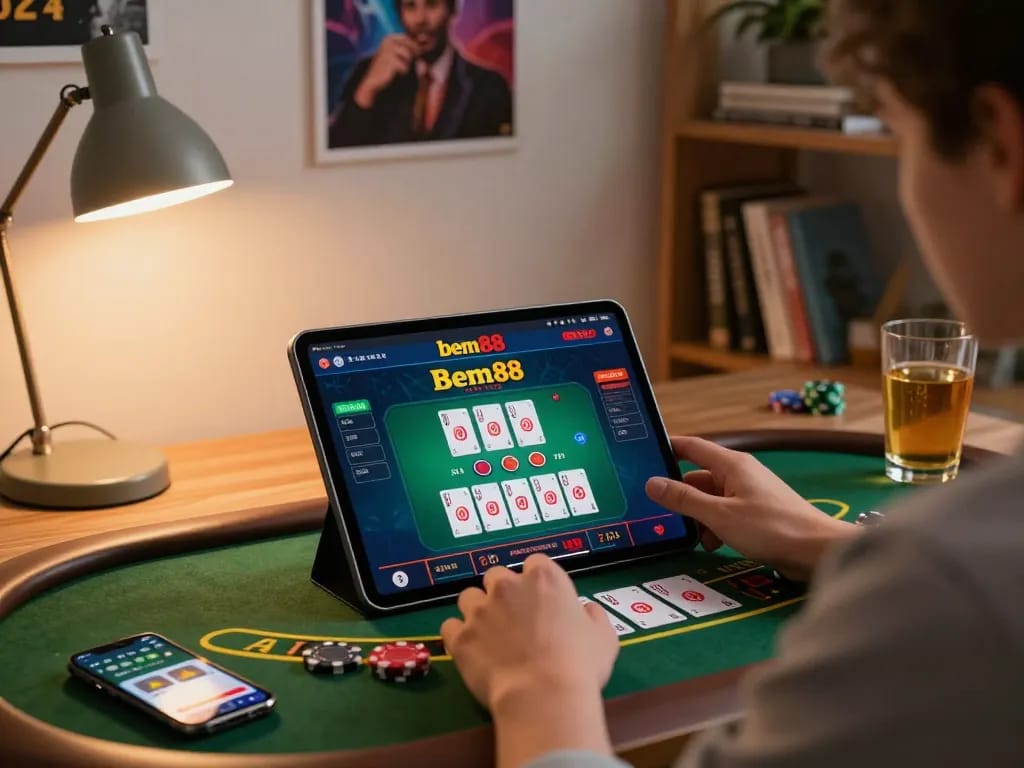 Experience thrilling online blackjack gameplay on the bem88 site from a cozy home office
