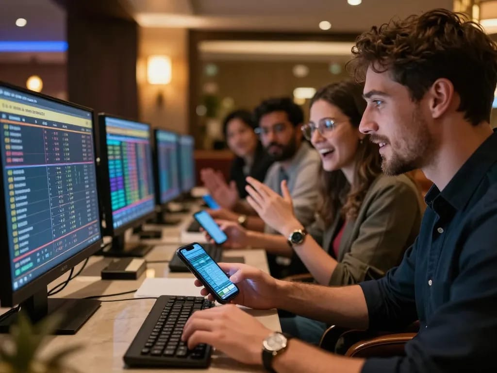 Place bets with 789F app while analyzing sports stats in a luxurious lounge atmosphere.