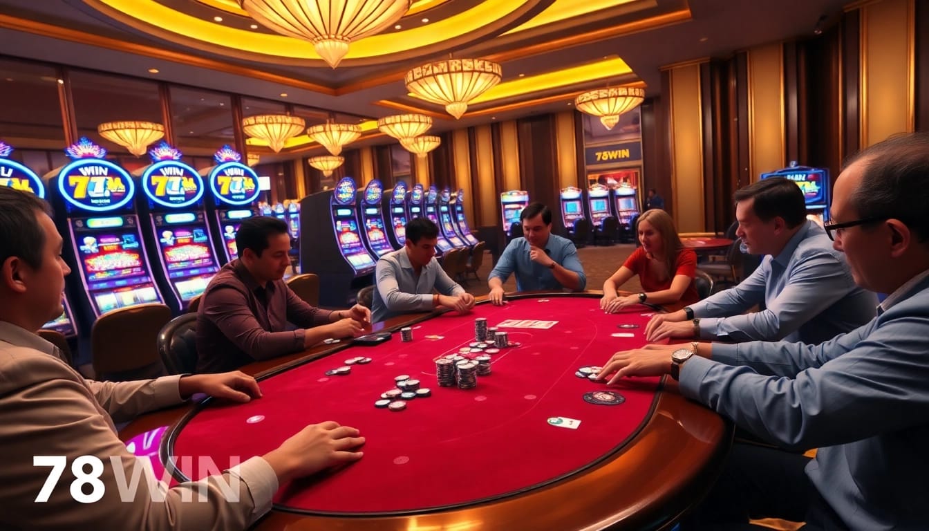Players celebrating wins at 78WIN’s vibrant casino table filled with colorful chips and cards.