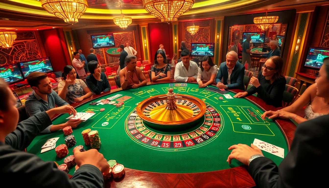 Players engaging in high-stakes poker at a luxurious table themed around luck8.