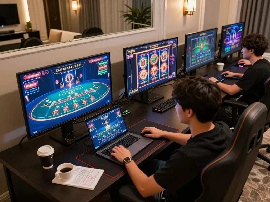 Player using MM88 casino app on multiple screens in a stylish online gaming setup