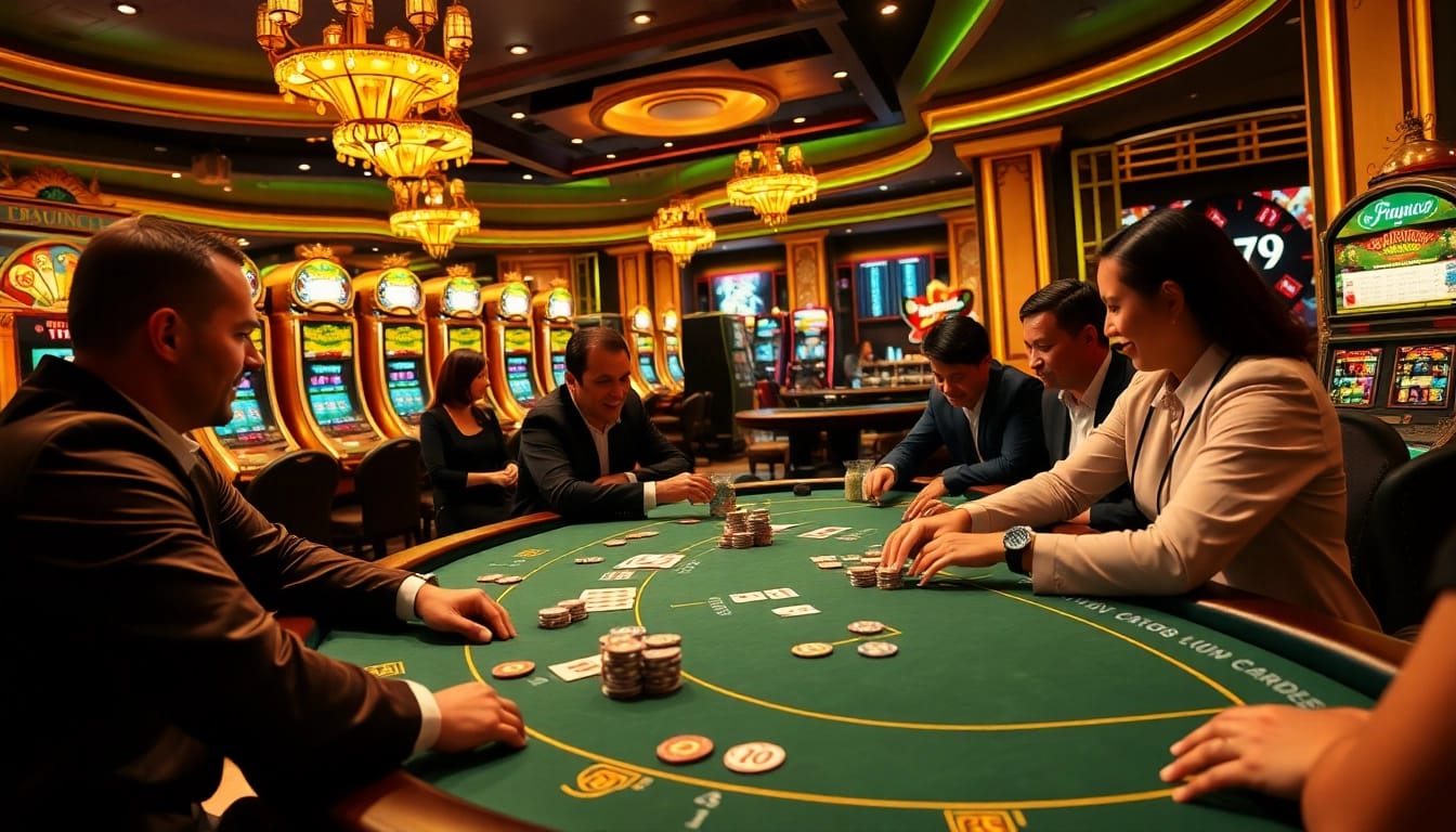 Players enjoying a thrilling Poker game at 789club casino with vibrant slot machines in the background.