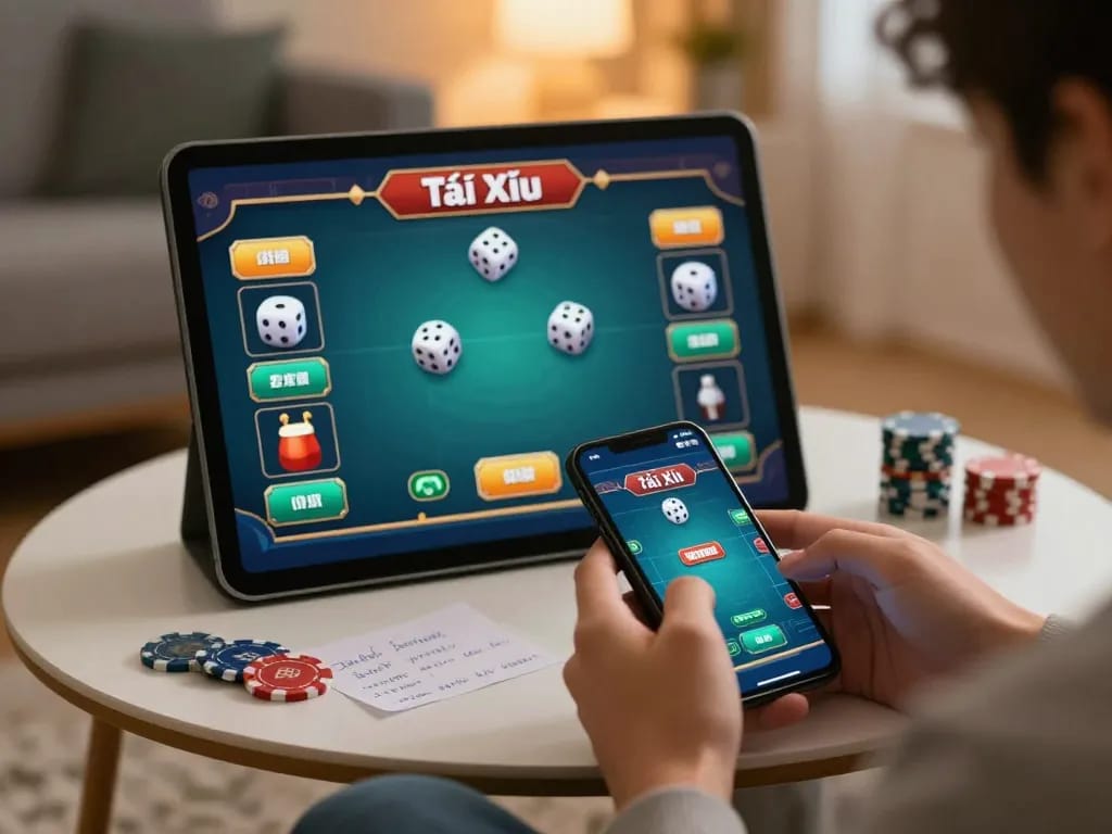 Engaging in tài xỉu online gameplay on smartphone with rolling dice and betting options displayed