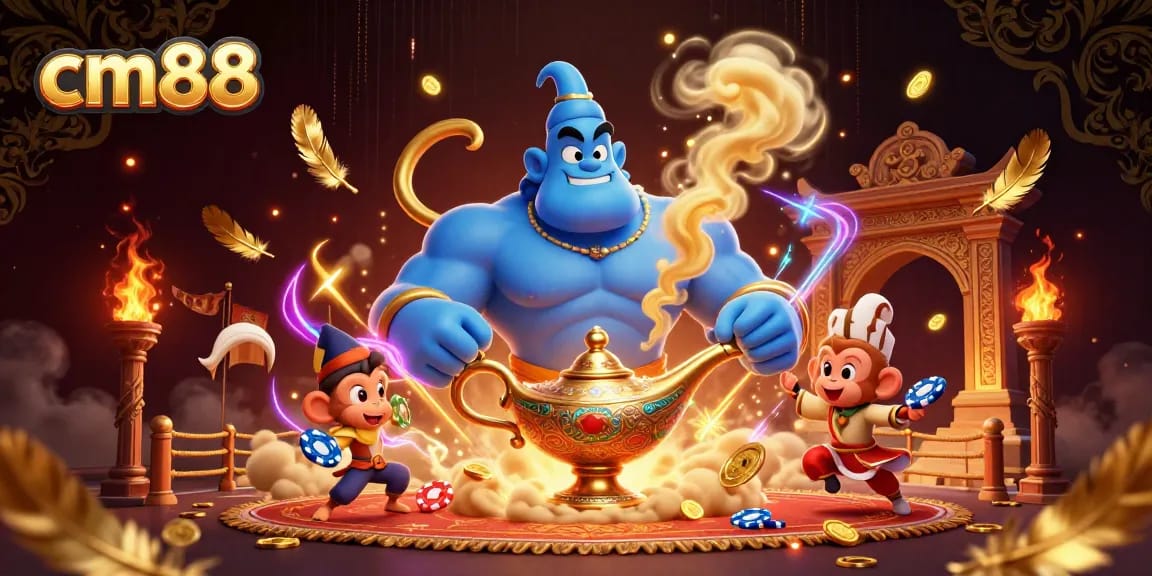 Experience exciting gambling action at cm88, showcased with a blue genie, poker chips, and dynamic casino elements.