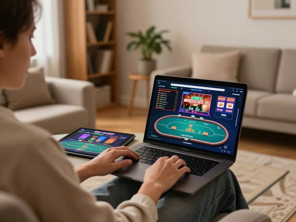 Person engaging with god55vn online casino interface in a cozy home setting, emphasizing strategy and comfort