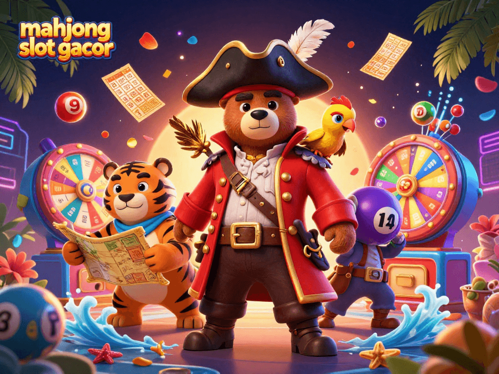 Experience the thrill of mahjong slot gacor with an exciting 3D cartoon scene featuring vibrant gambling symbols and characters.
