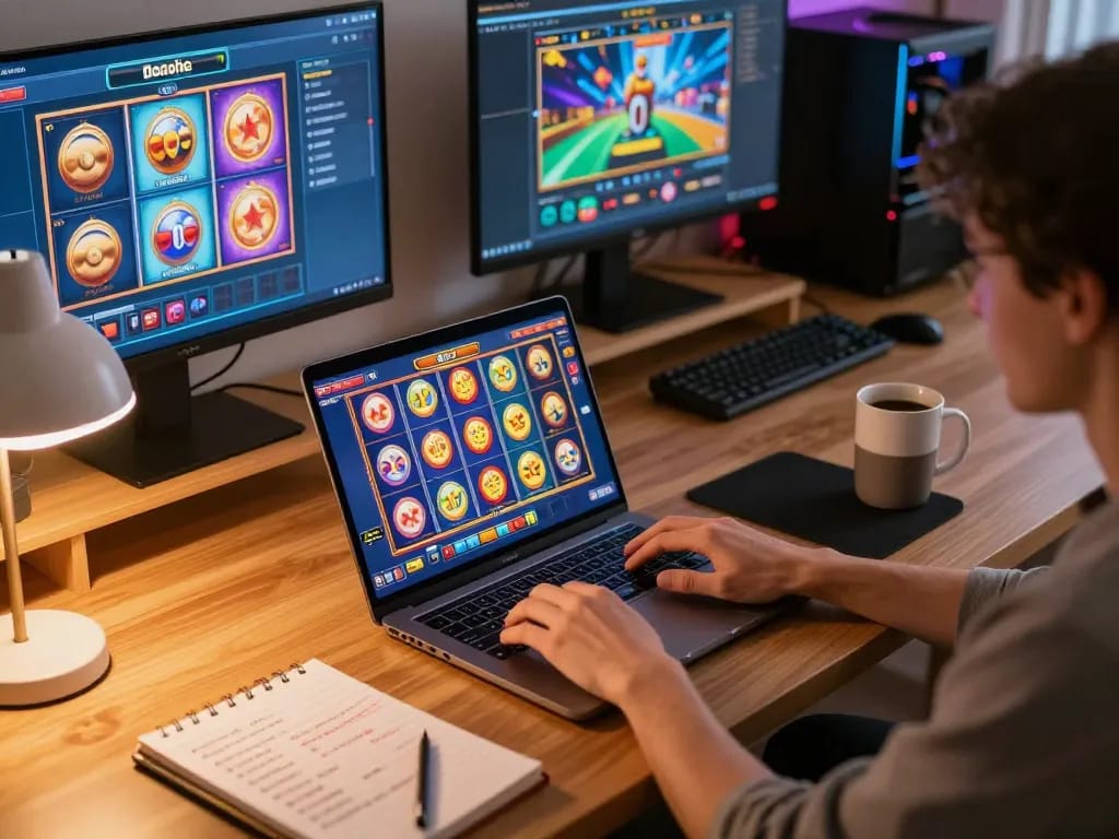 Engaging in slot gacor gameplay on a sleek laptop in a cozy home office environment