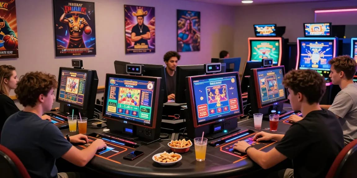 Players enjoying credit card casinos at a vibrant gaming table with colorful screens and snacks.