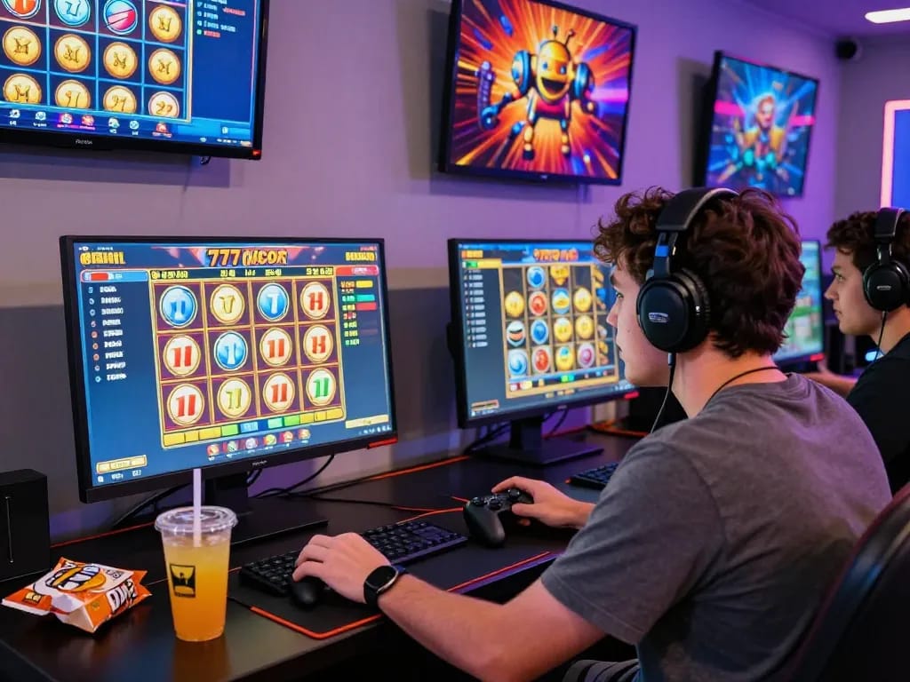 Pemain bersemangat menikmati permainan slot777 gacor di setup gaming yang penuh warna.