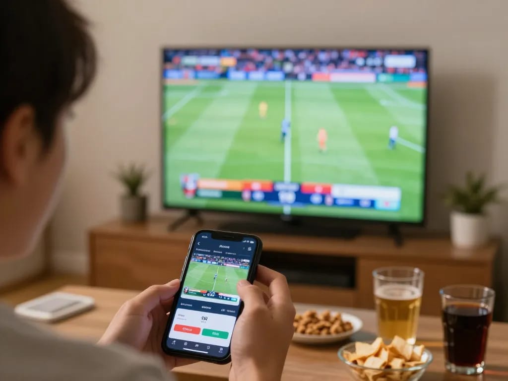 Engaging with sunwin app for sports betting during an exciting game at home, showcasing a vibrant setup.