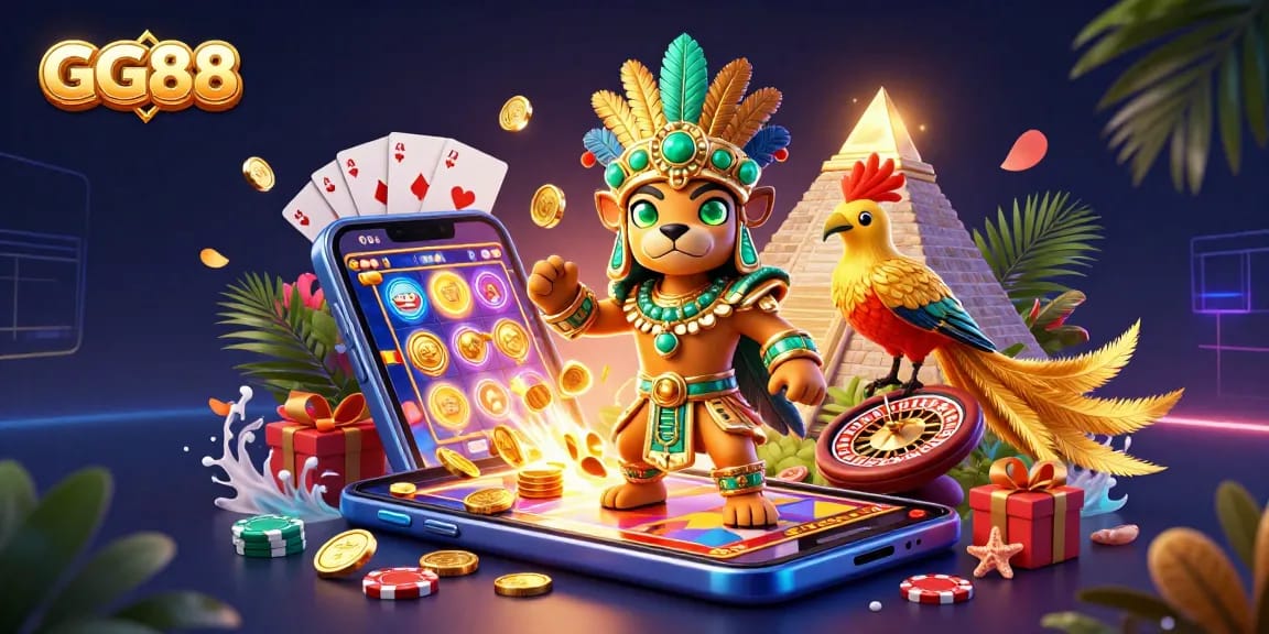 Experience the fun at GG88 with a vibrant casino scene featuring animated characters and exciting gaming elements.