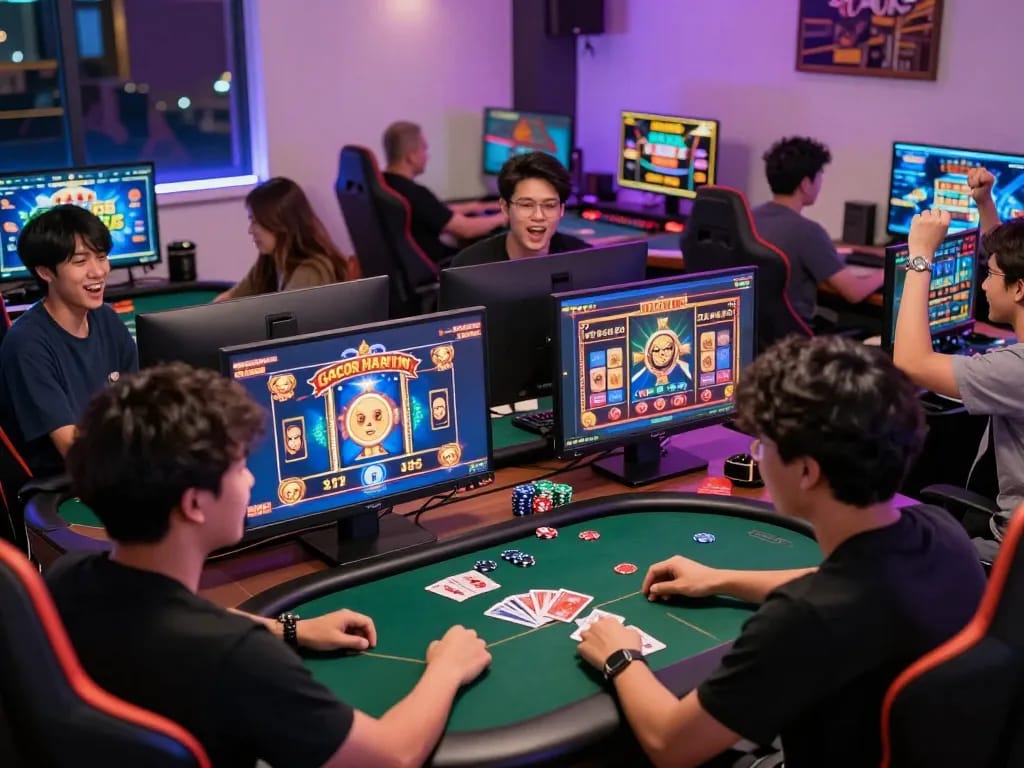 Players enjoying slot gacor hari ini games in a modern home office with vibrant LED lights.