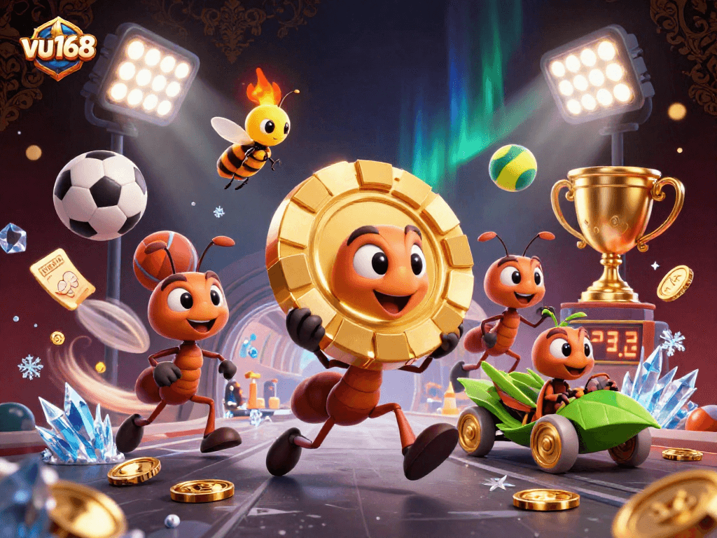 Celebrate the excitement of sports betting with vu168's thrilling 3D heist scene featuring ants, sports balls, and golden trophies.