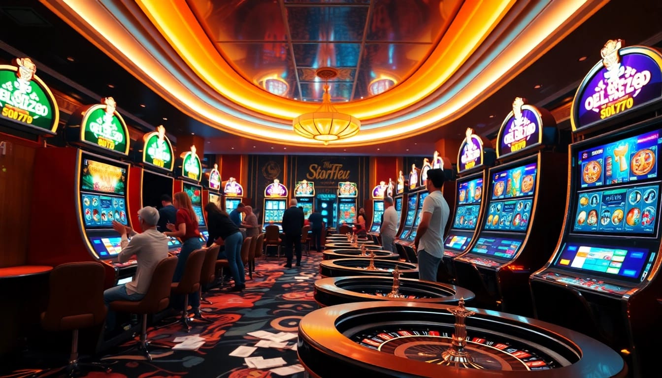 Players winning at slot777 gaming machines in a vibrant casino atmosphere.