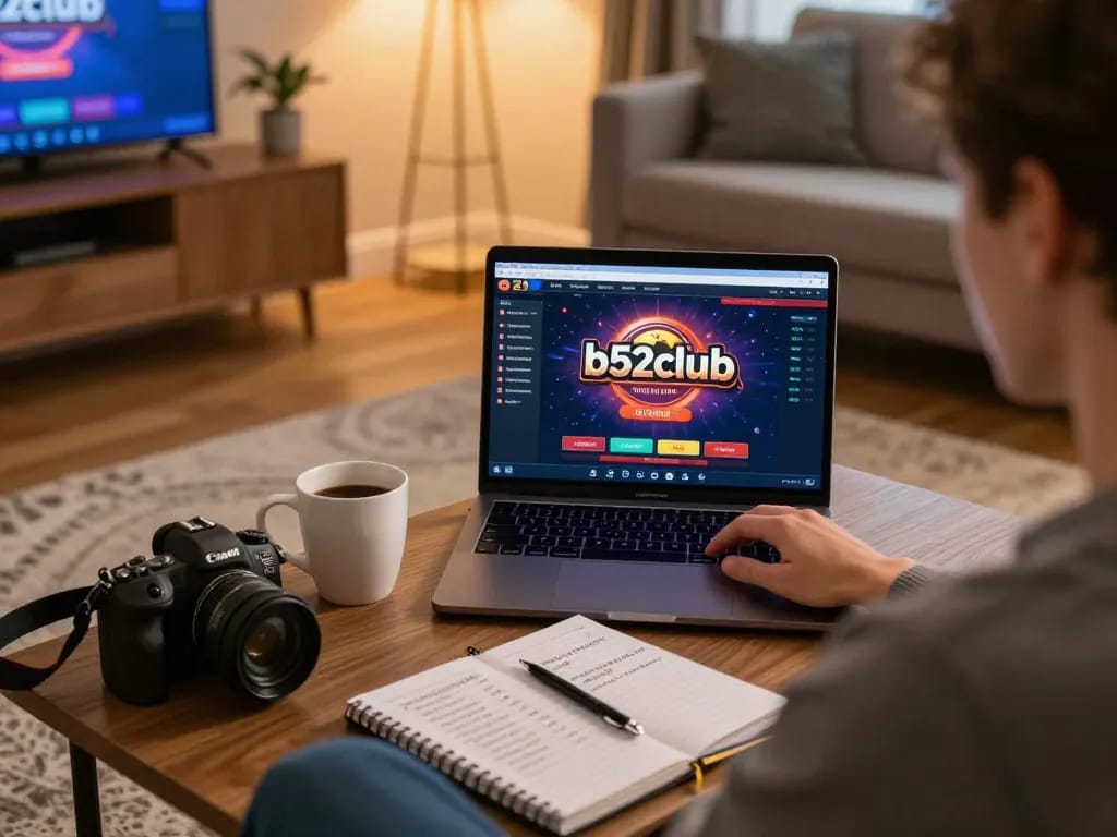 b52club player analyzing bets on laptop in a cozy home setting