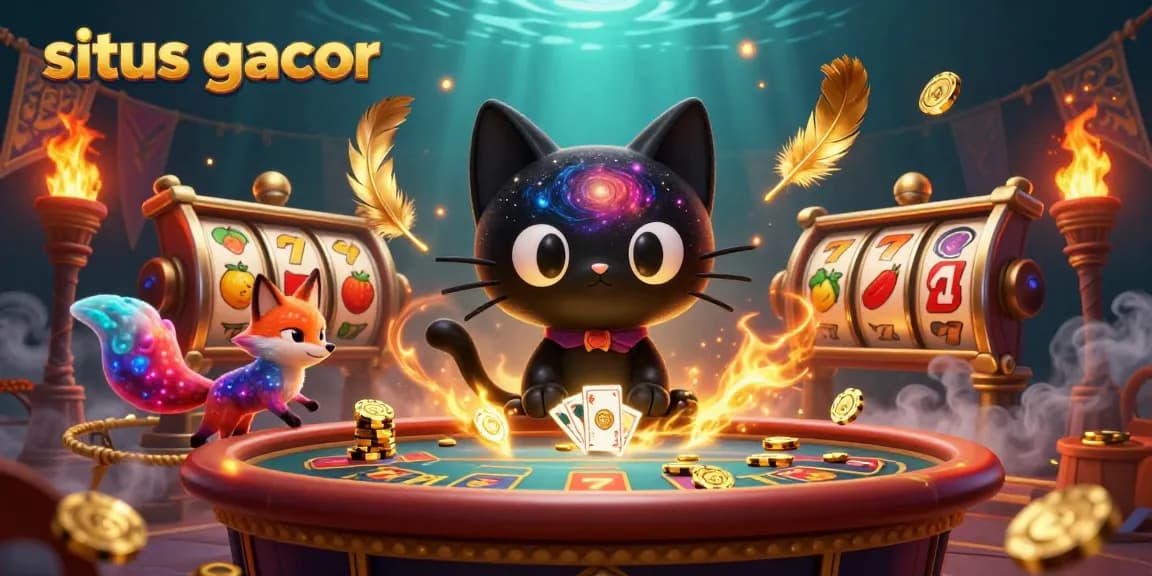 Situs gacor cat pulls in golden chips at a cosmic casino table with a nebula fox companion.
