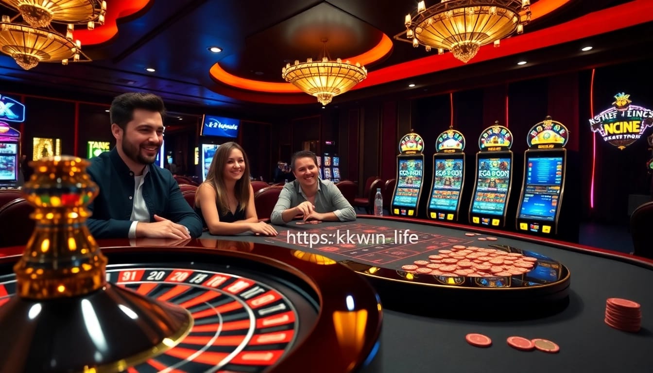 Action-packed casino scene at https://kkwin.life featuring roulette, poker, and slot machines.