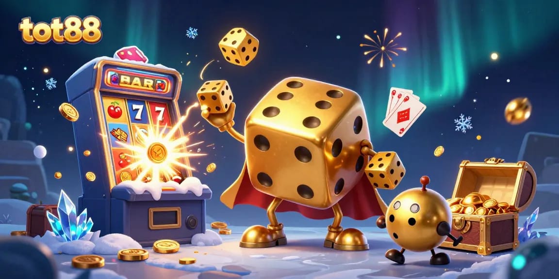 Bet on tot88 with vibrant 3D golden dice and jackpot elements enhancing the gaming experience.