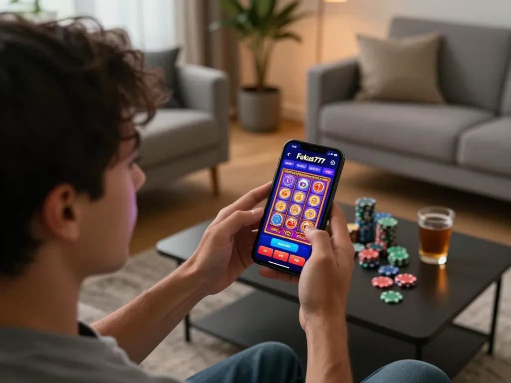 Engaging with the Fokus777 app in a cozy living room while enjoying online slots gameplay