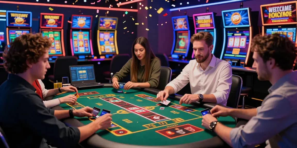 Players engaging at digital gaming tables using credit card casinos, showcasing vibrant casino graphics and offers.