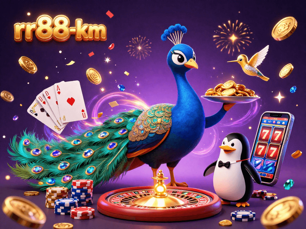 Experience vibrant 3D casino excitement with rr88-km featuring a peacock and poker chips.