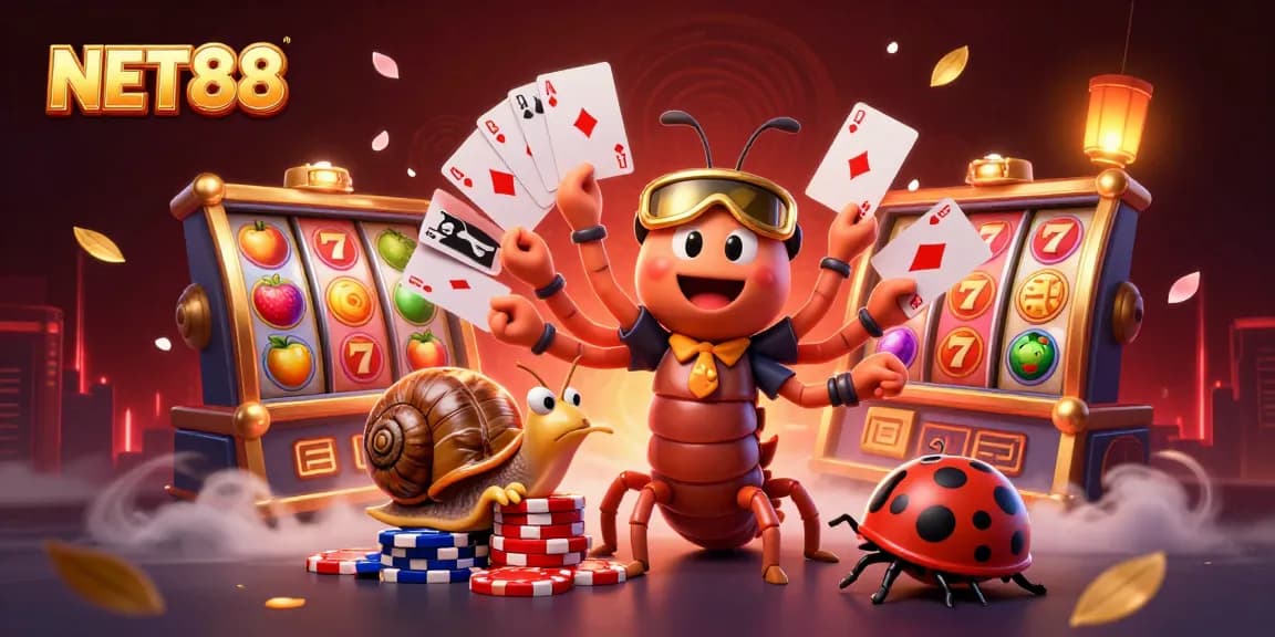 Experience the excitement of NET88 with a vibrant 3D casino illustration featuring a unique dealer and gameplay elements.