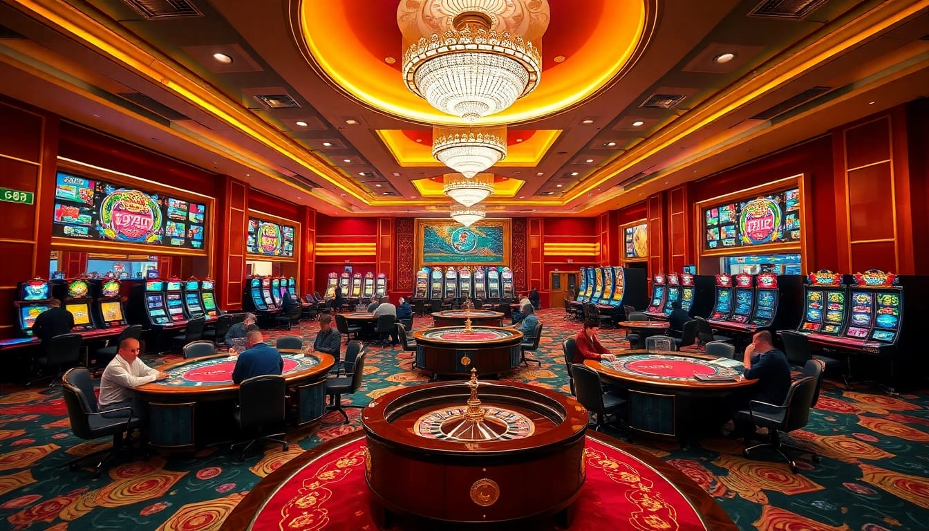 Experience excitement at GG88 with vibrant casino games and poker tables in a luxurious setting.