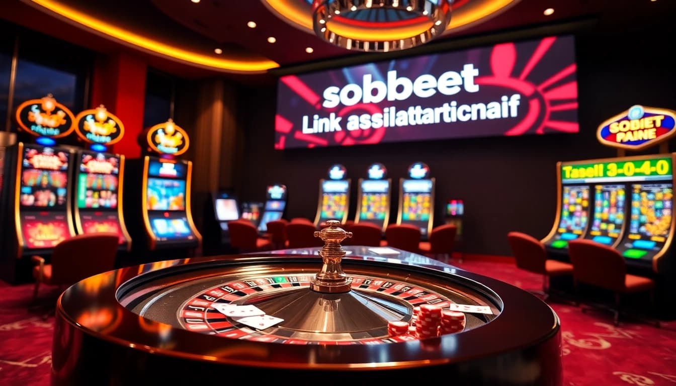 Exciting view of a casino table featuring sbobet link alternatif with roulette and poker elements.