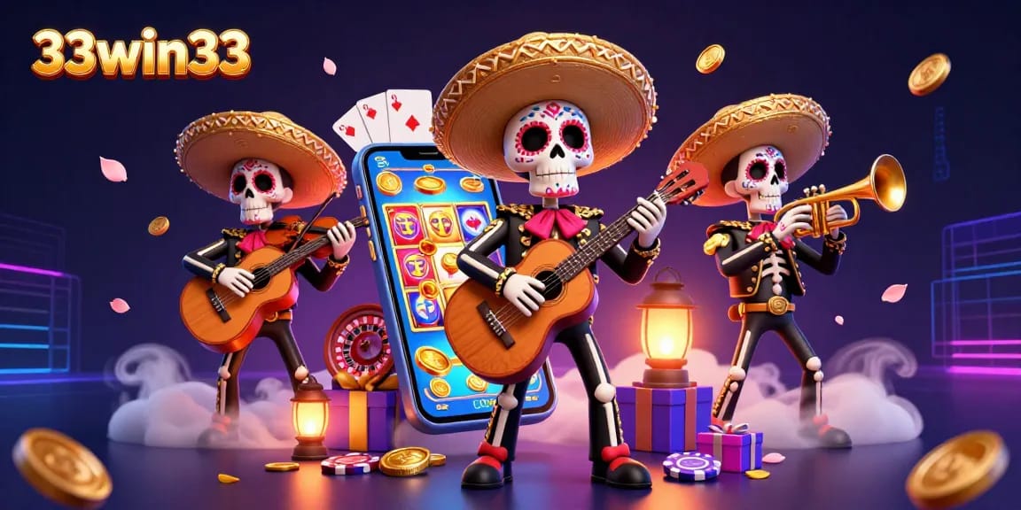 Spin the reels with 33win33 in a colorful, dynamic casino scene featuring vibrant characters and game elements.