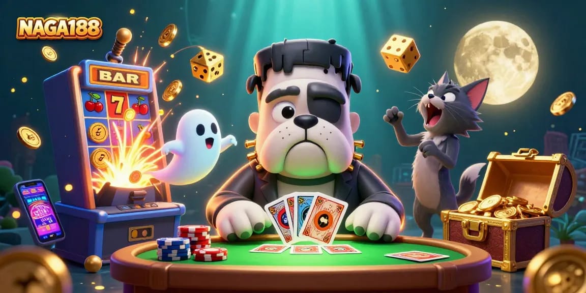 NAGA188 menghadirkan karakter kartun unik dengan dokter Frankenstein bulldog saat bermain poker di meja kasino yang menguntungkan.